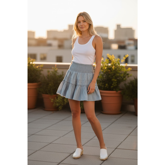 RAMY BROOK Skirt NEW Size M Jordan Smocked Light Blue Tier Cotton Miniskirt $295 - Picture 1 of 5